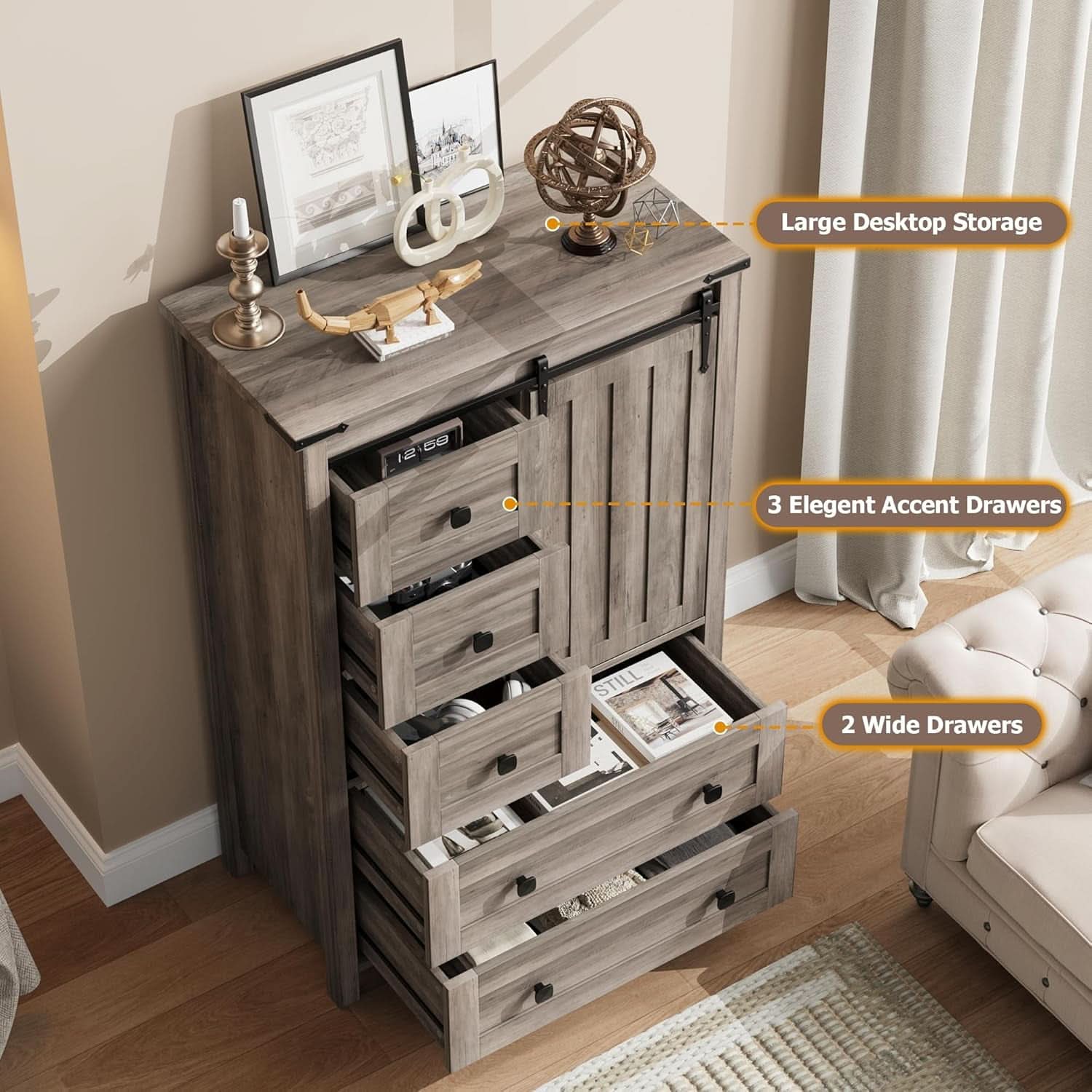 Grey Farmhouse Dresser 48 Inch Five Drawer Organizer With Barn Door