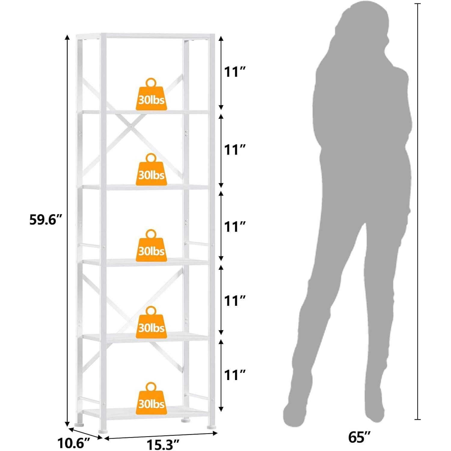 White Tall Bookshelf 6 Shelf Freestanding Bookcase