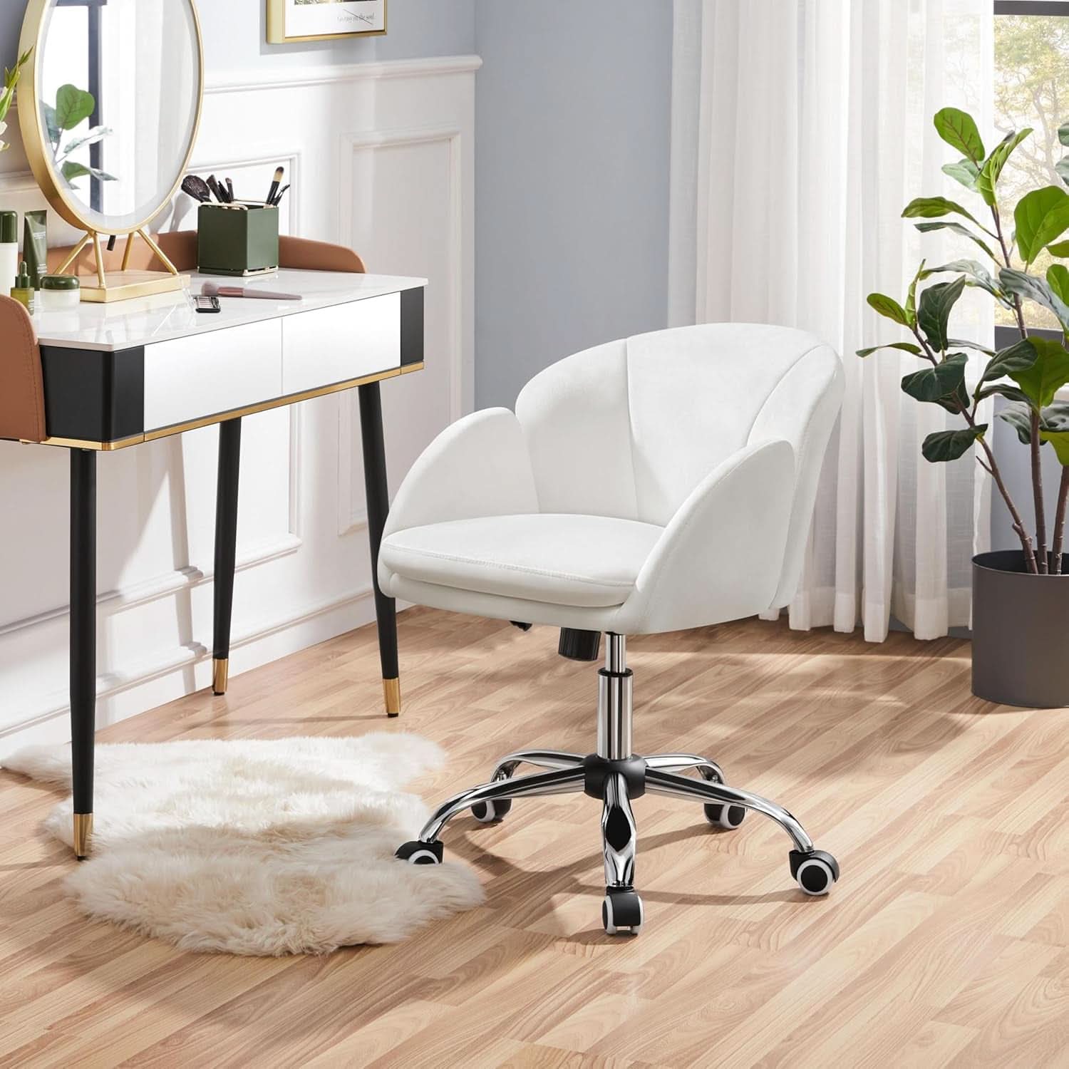 White Petal Desk Chair Faux Leather Swivel Office Chair