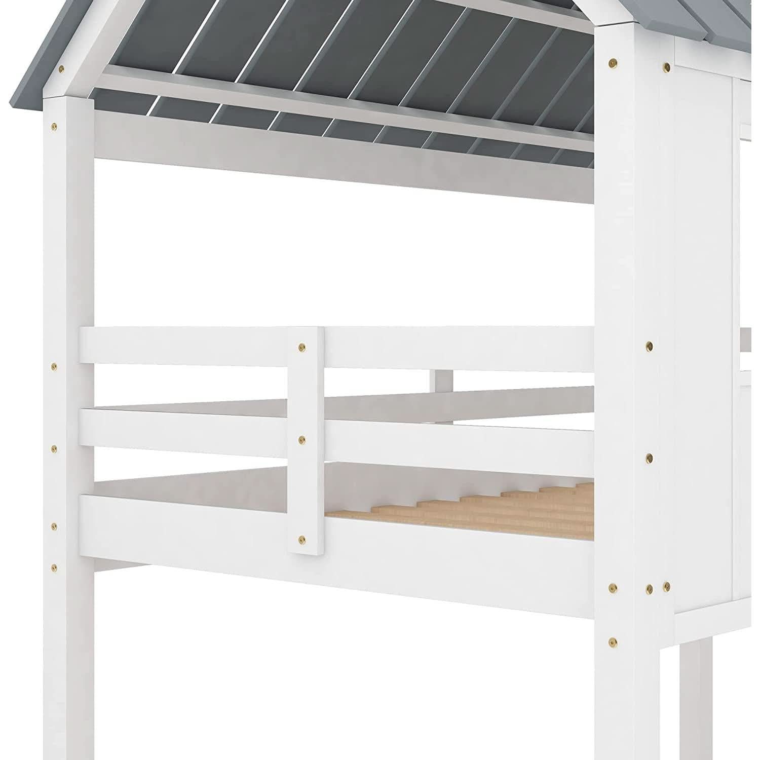 Twin House Bunk Bed With Playhouse White And Gray Finish