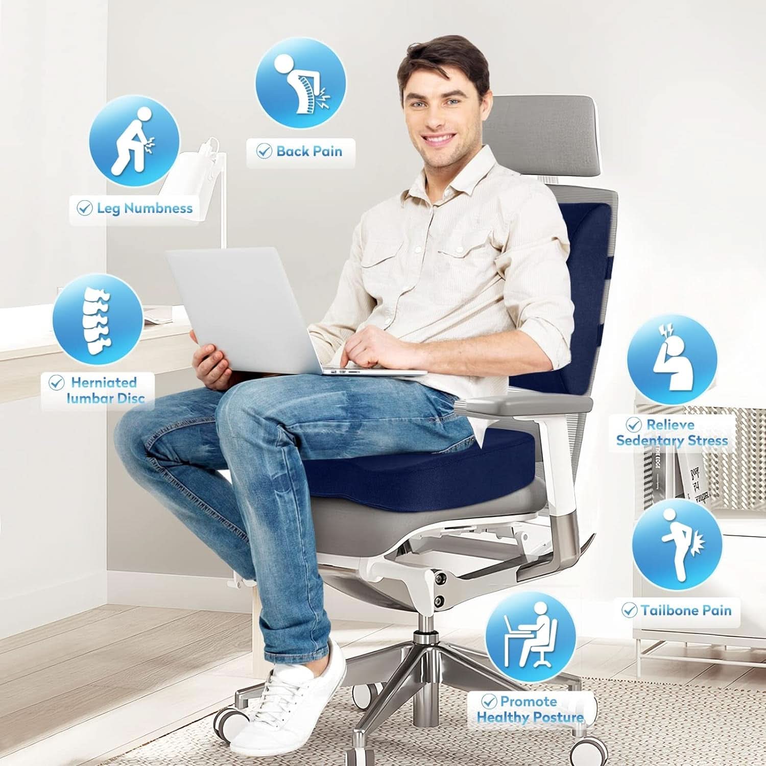 Blue Memory Foam Seat Cushion For Office Chair Lumbar