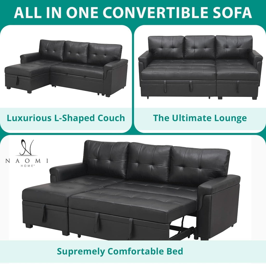 Sleeper Sectional Sofa Black Leather With Convertible Bed