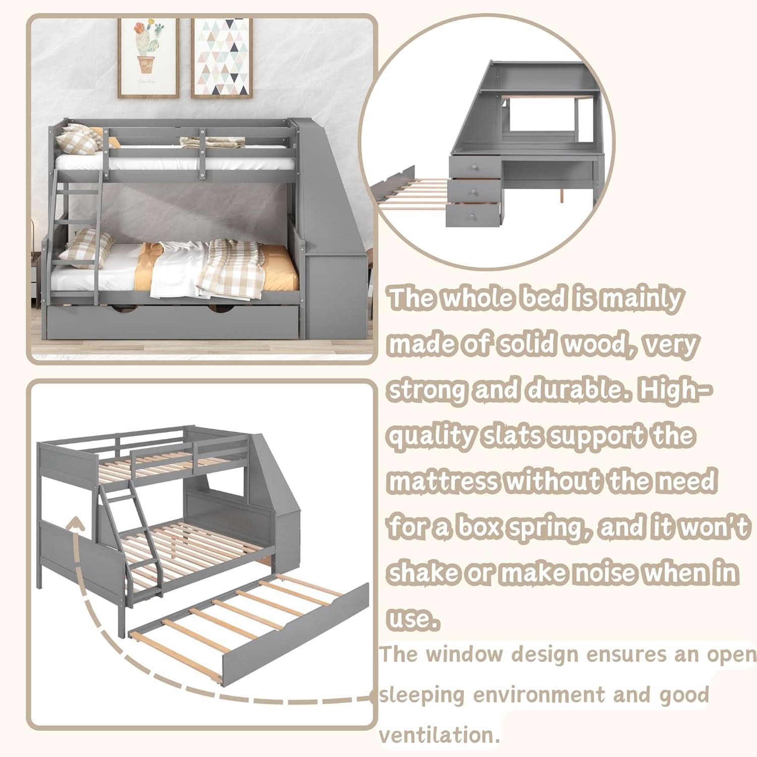 Gray Twin Over Full Bunk Bed With Trundle And Desk