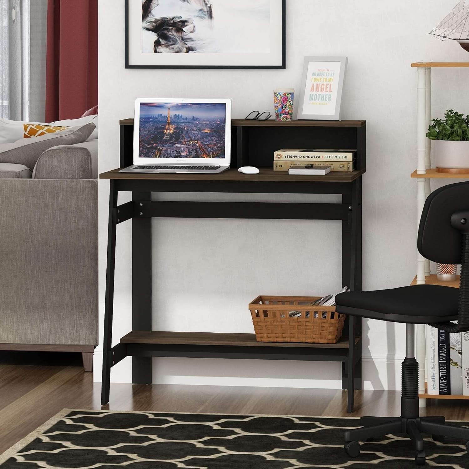 A Frame Computer Desk with Hutch Storage in Columbia Walnut