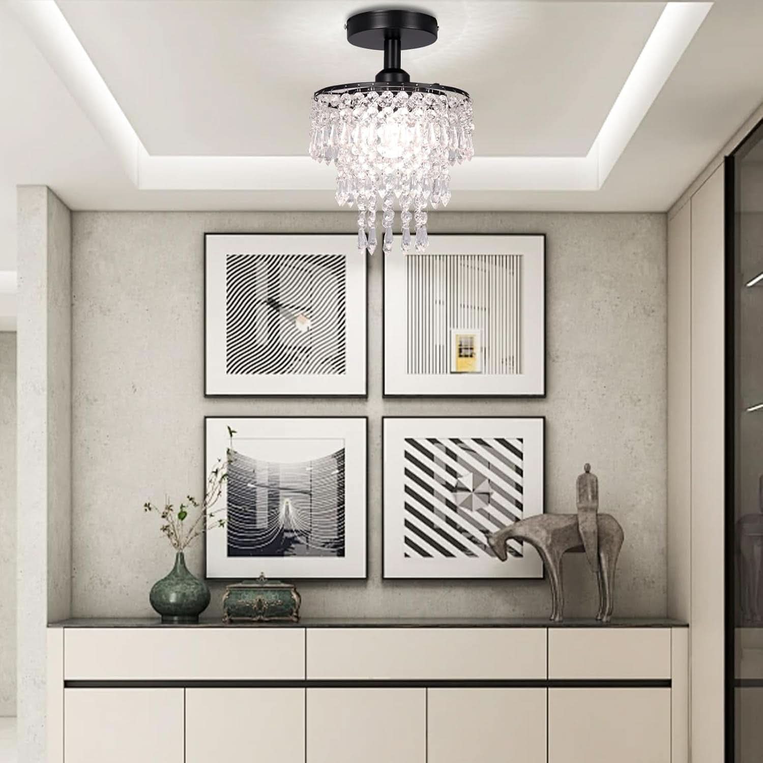 Small Black Crystal Chandelier Flush Mount With Raindrops