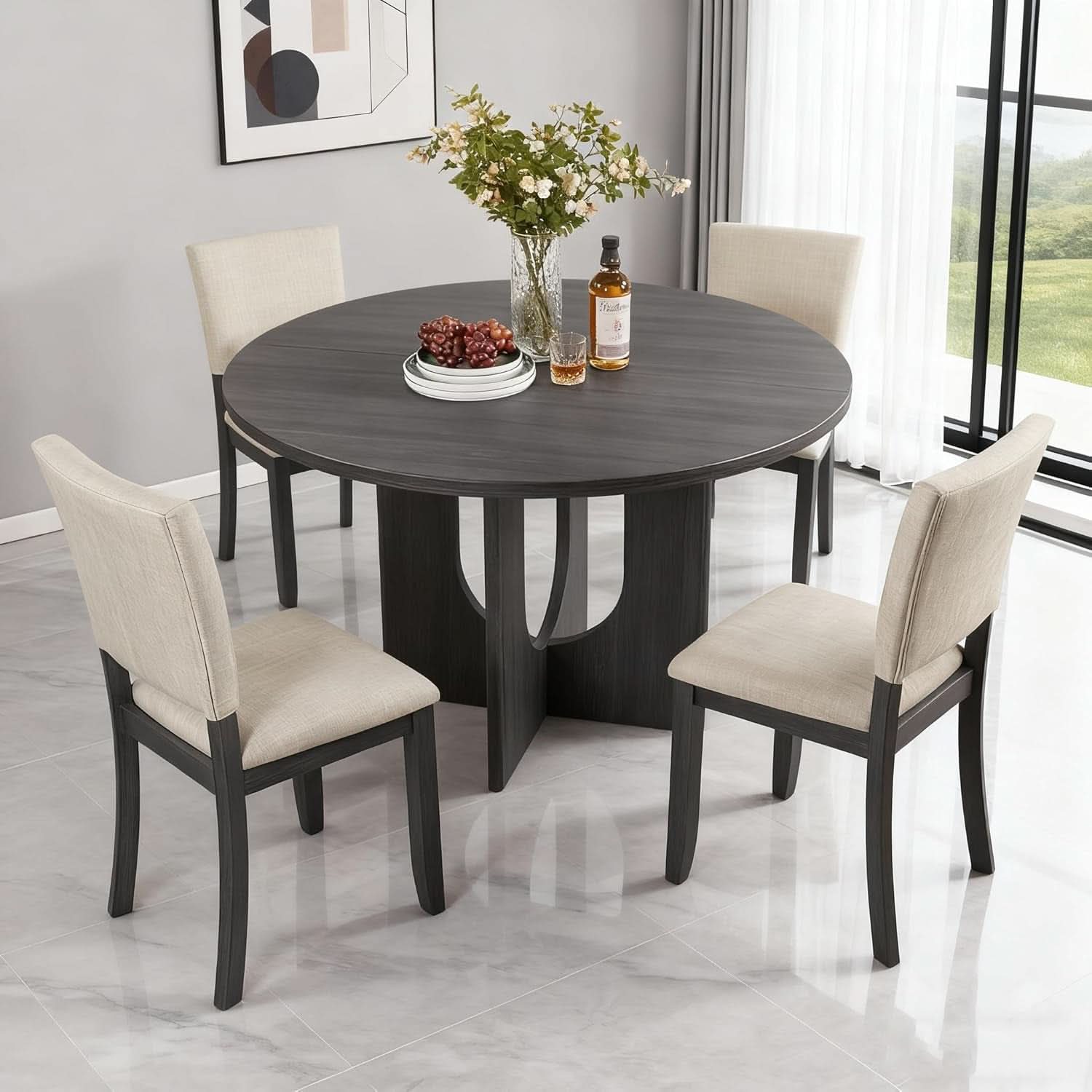 Round Dining Set With 47 Inch Table And Beige Upholstered Chairs