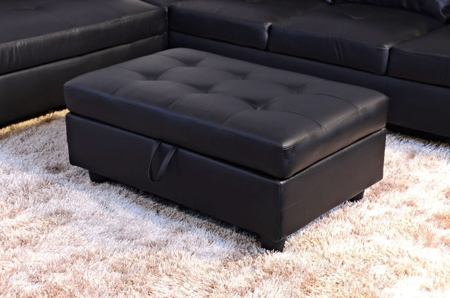 Black Faux Leather Sectional Sofa Set With Ottoman