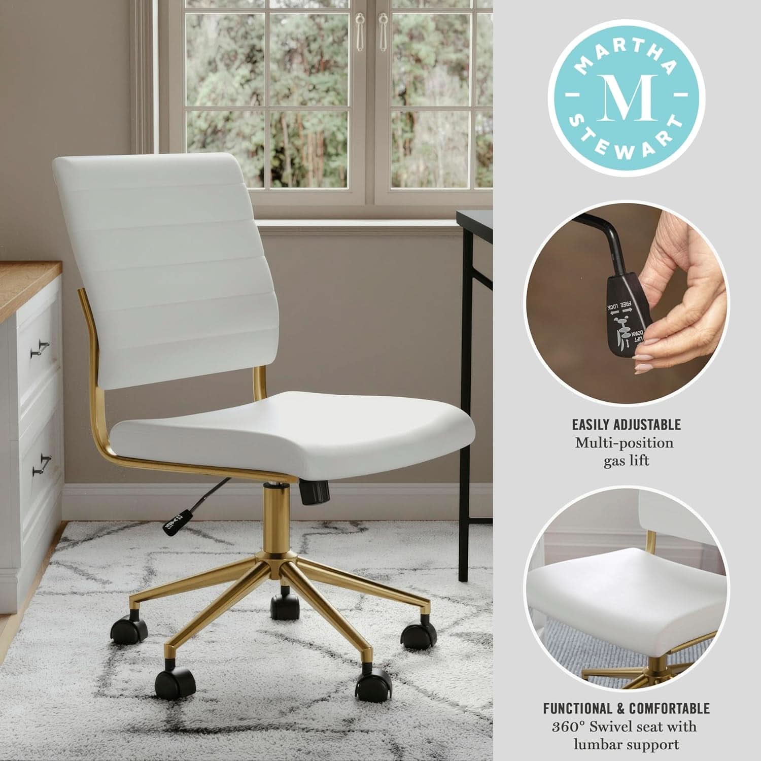 White Faux Leather Armless Swivel Chair Brass Frame