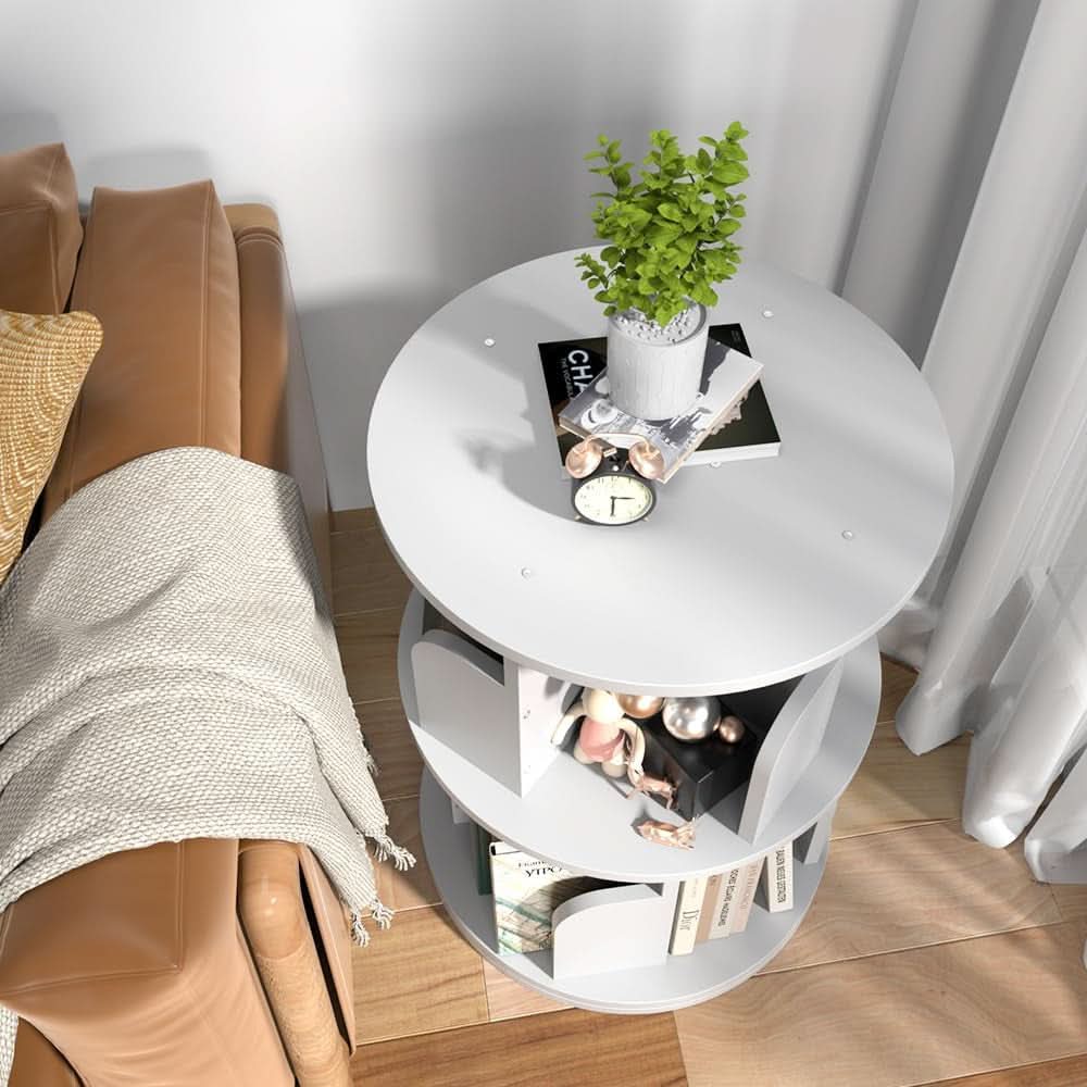 Rotating Bookshelf 2 Tier White Narrow Corner Swivel