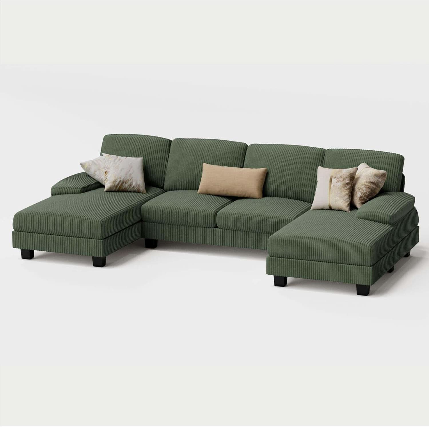 Dark Green Corduroy U Shaped Sectional Sofa 4 Seat Chaise
