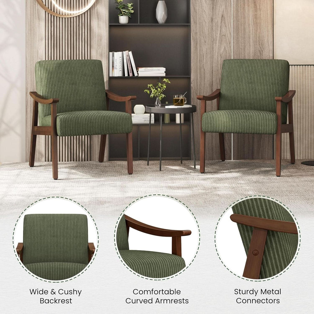 Dark Green Corduroy Armchair Mid Century Solid Wood