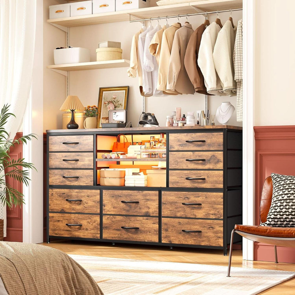 Dresser With LED Lights And Power Outlets 12 Fabric Drawers