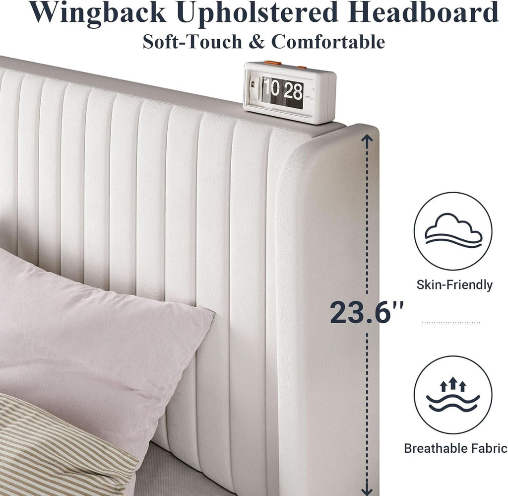 White Velvet Full Bed Frame With Wingback Tufted Headboard