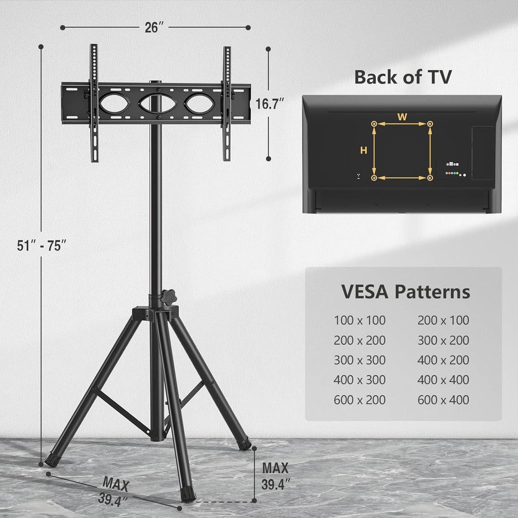 Tripod TV Stand For 23-75 Inch TVs Tilt 15 Degrees