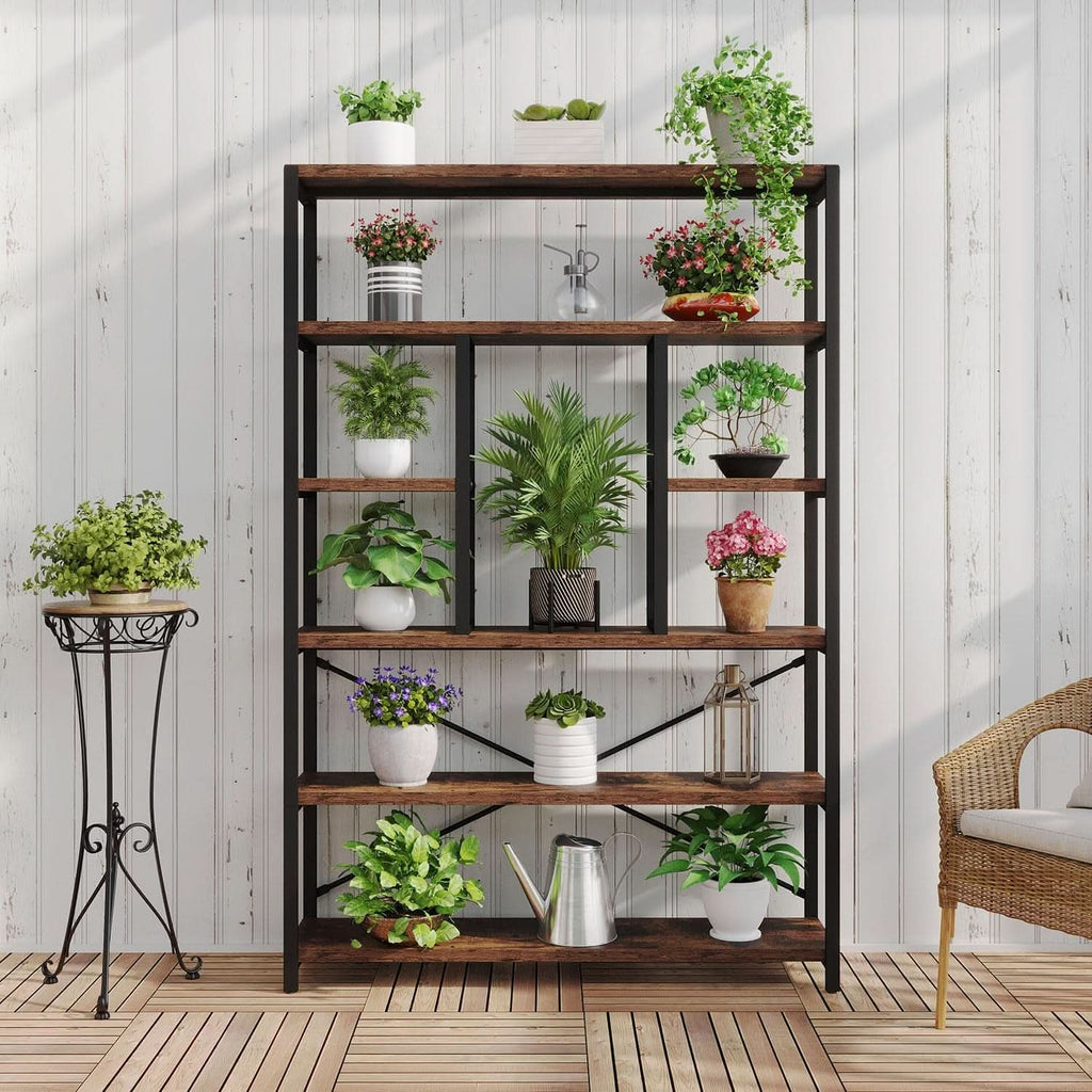 Rustic Industrial 6 Tier Bookcase Brown Wood Black Metal