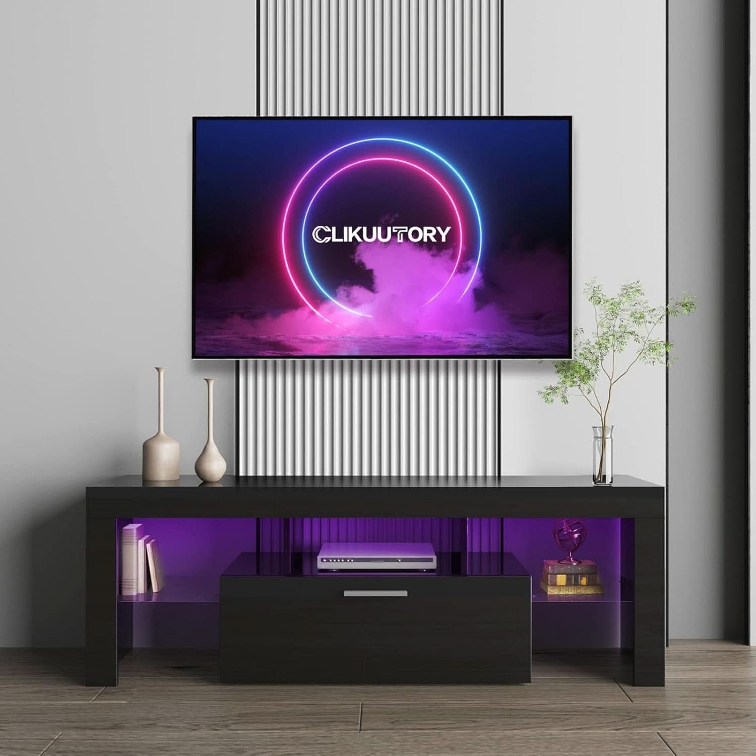 Black LED TV Stand With Large Storage Drawer For TVs Up To 55 Inches