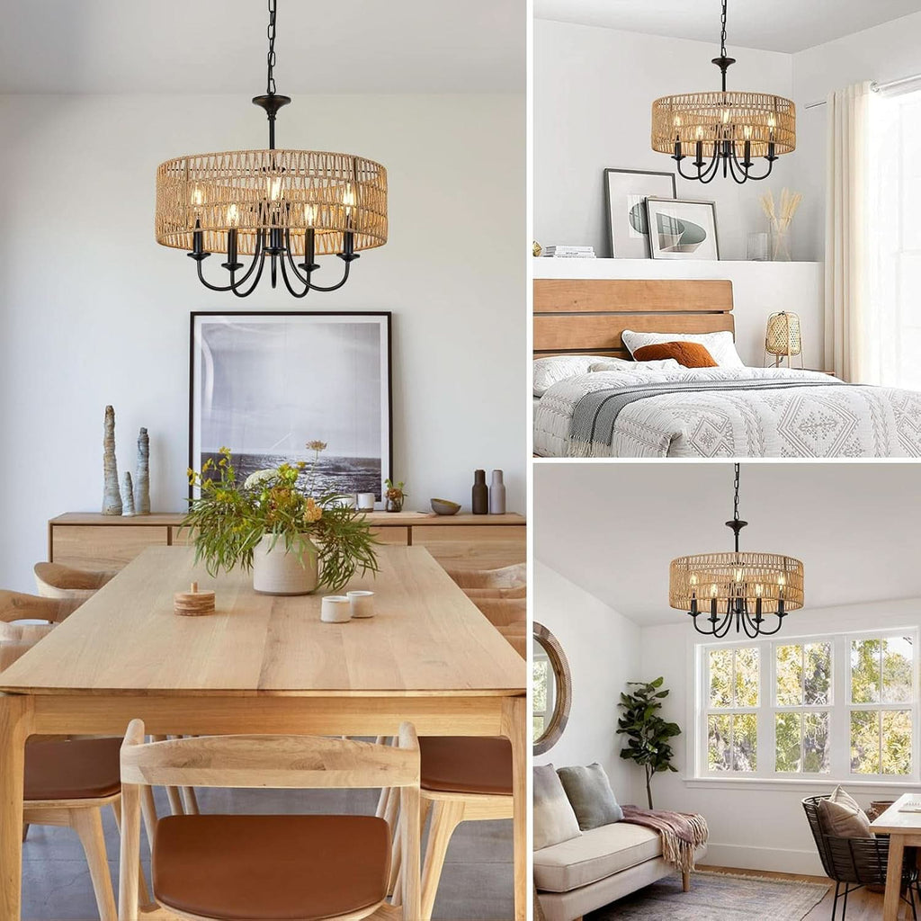 Farmhouse 5 Lights Black Chandelier With Rattan Shade