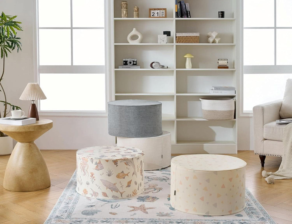 Twenty Two Inch Beige Ottoman Pouf With Ultra Premium Foam