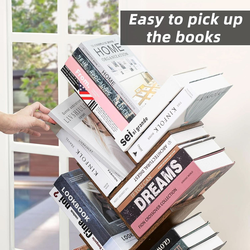 10 Tier Tree Bookshelf Brown Wood Floor Standing Bookcase For Living Room Decor Storage