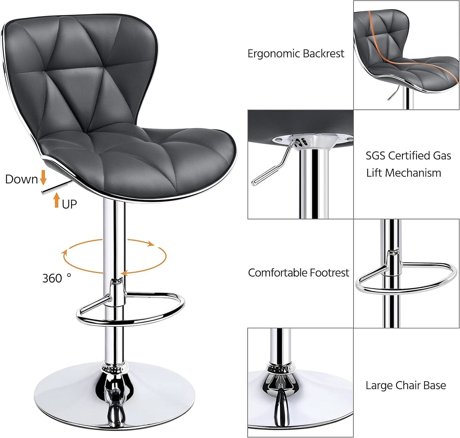 Grey Adjustable PU Leather Swivel Bar Stools Set of 2, Counter Height