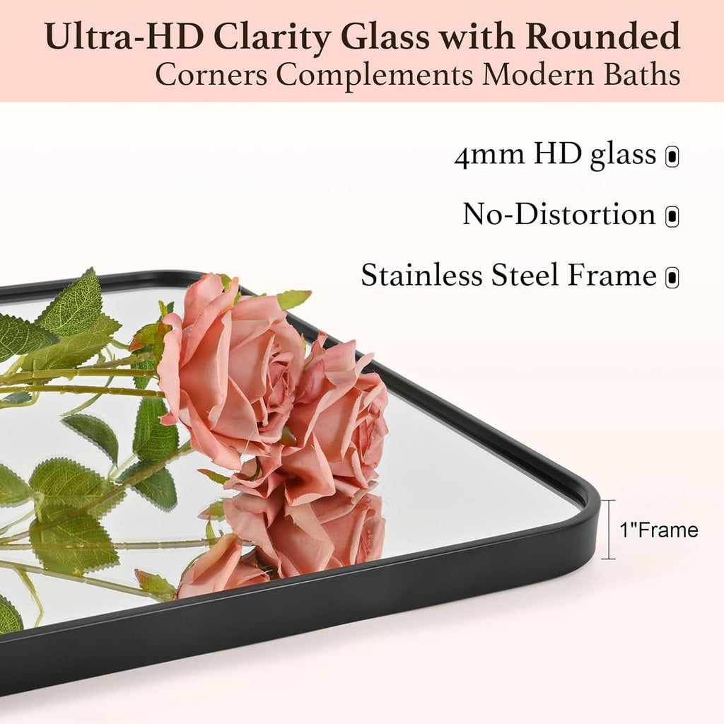 24x36 Inch Black Rounded Rectangle Bathroom Mirror With Anti Rust Stainless Steel Frame