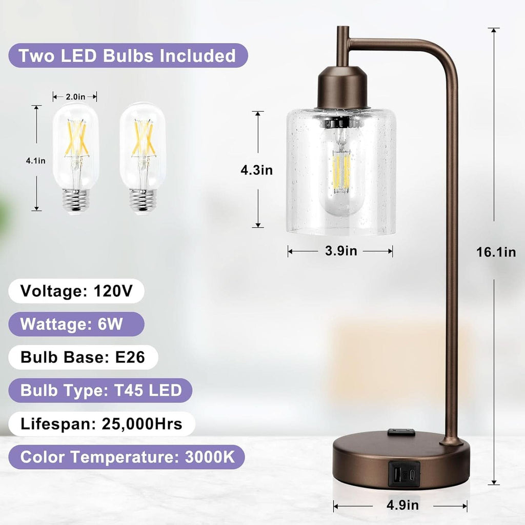 Brown Table Lamps 3-Way Dimmable With USB Ports Set Of 2