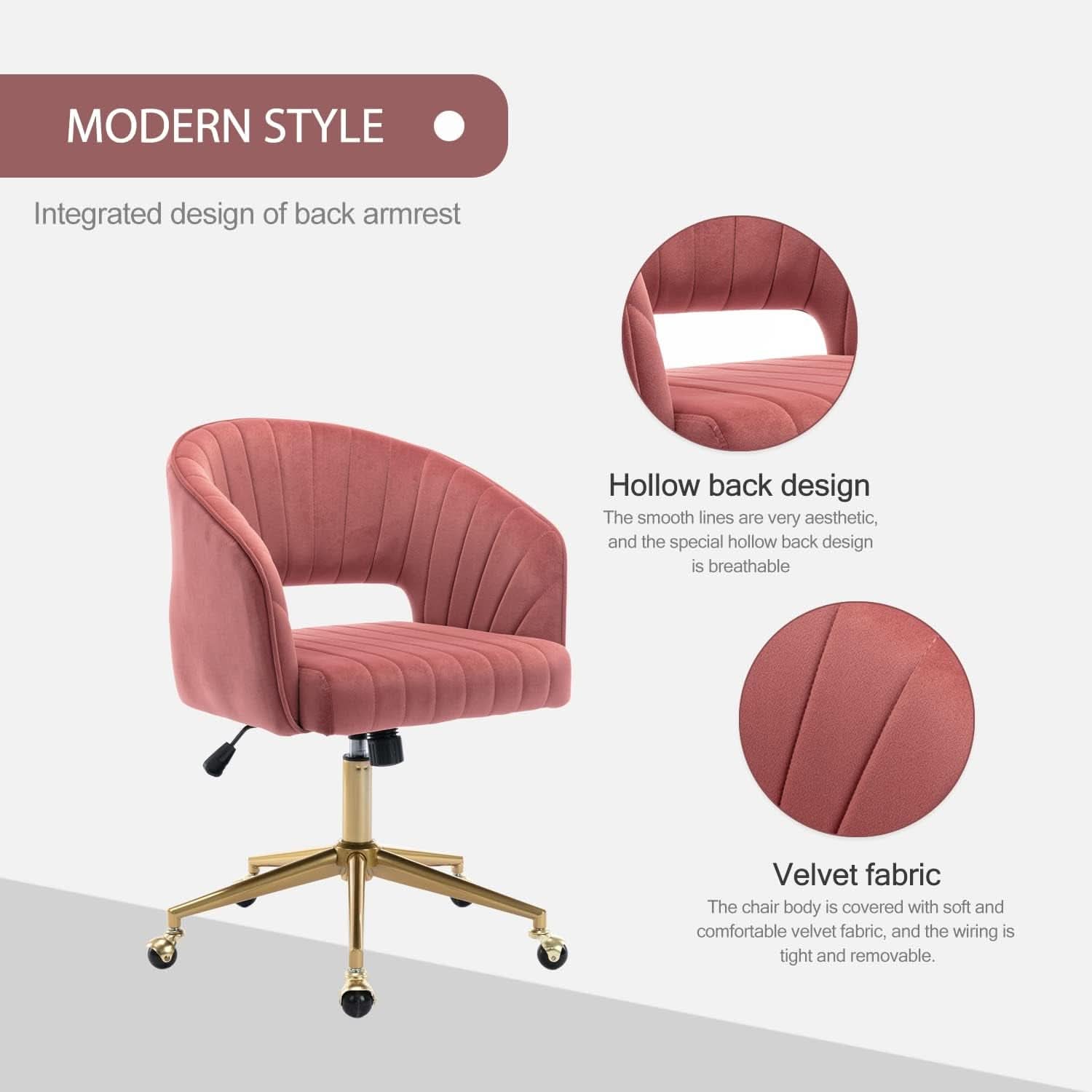 Rose Velvet Office Desk Chair With Ergonomic Design And Swivel Wheels