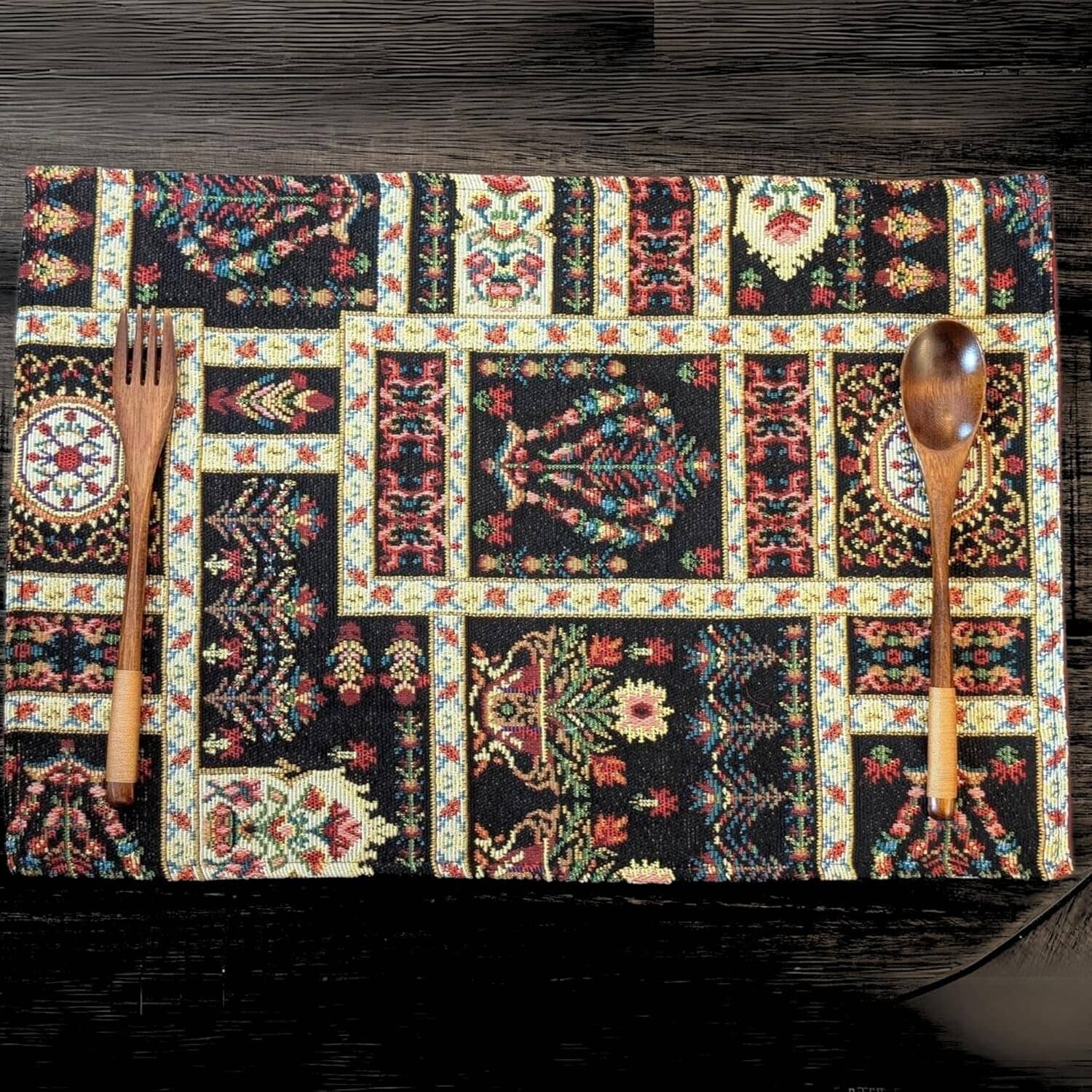 DaDalogy Bedding Set of 4-Pieces Dark Noir Mughal Floral Botanical Vintage Fleur Tapestry Placemats 13” x 19” (18197)