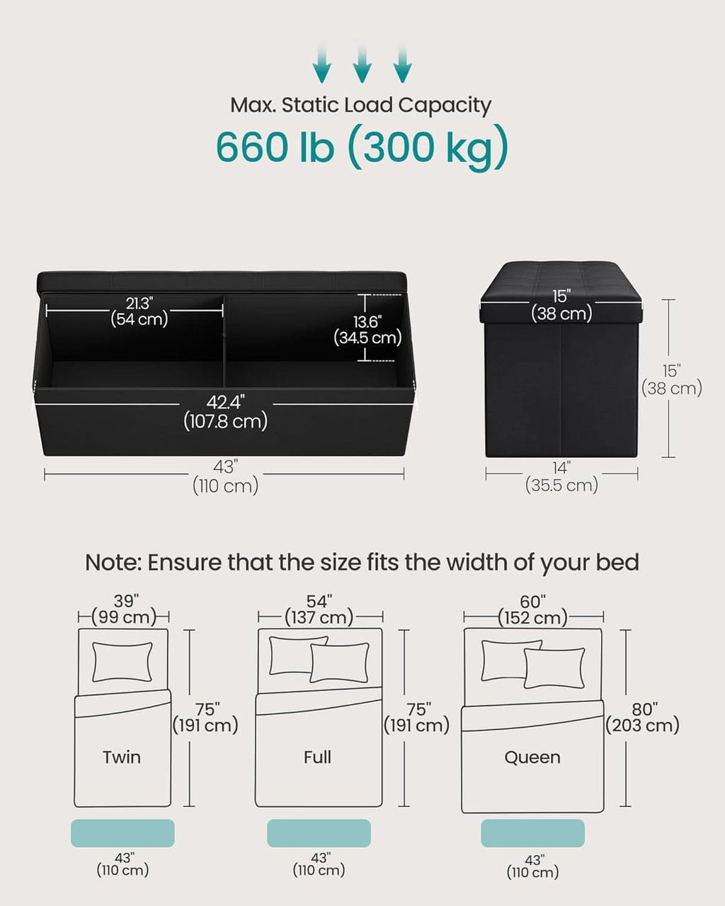 43 Inch Folding Storage Ottoman Black Synthetic Leather