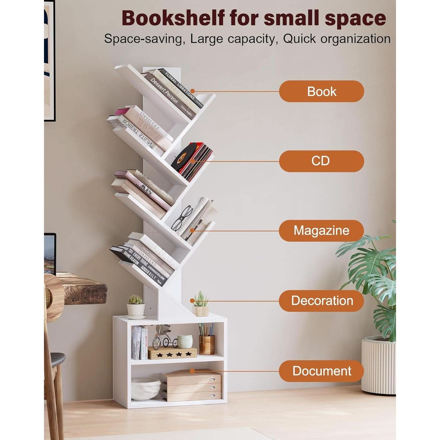 6 Tier Tree Bookshelf Tall Bookcase With Storage Cabinet White