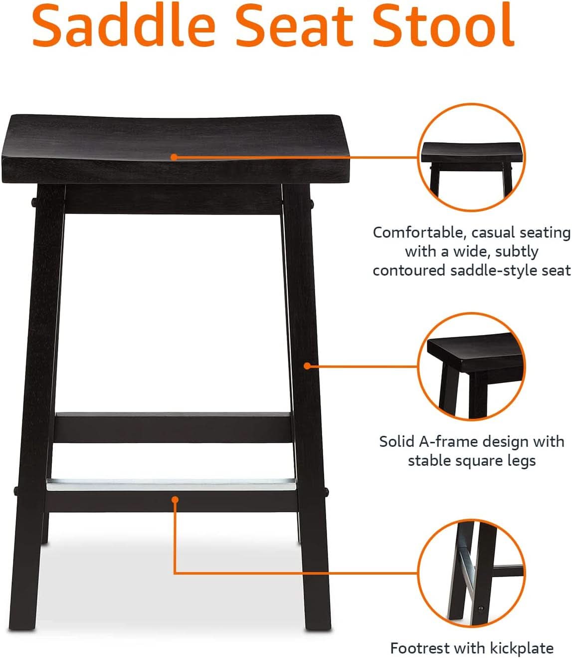 Solid Wood Saddle Bar Stool Counter Height Set 2 Black 24In