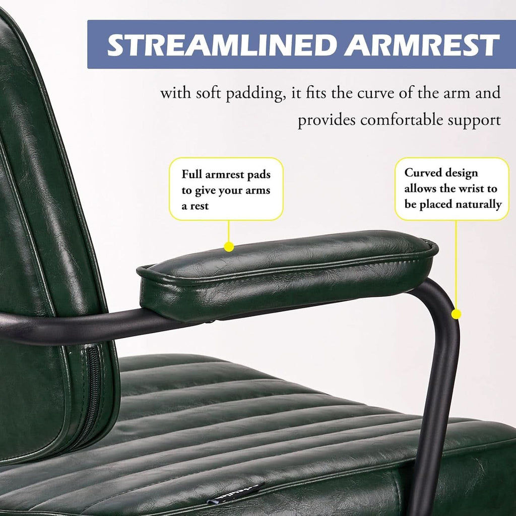 Green Leather Mid Century Office Chair With Wheels And Arms