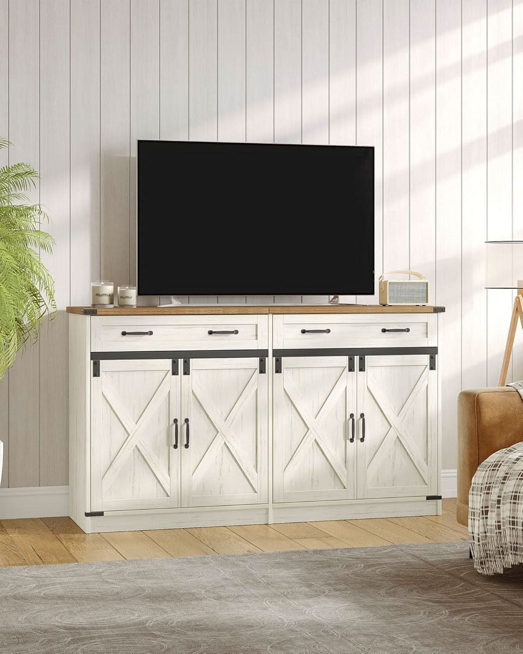 White Brown Farmhouse Buffet Cabinet Adjustable Shelves