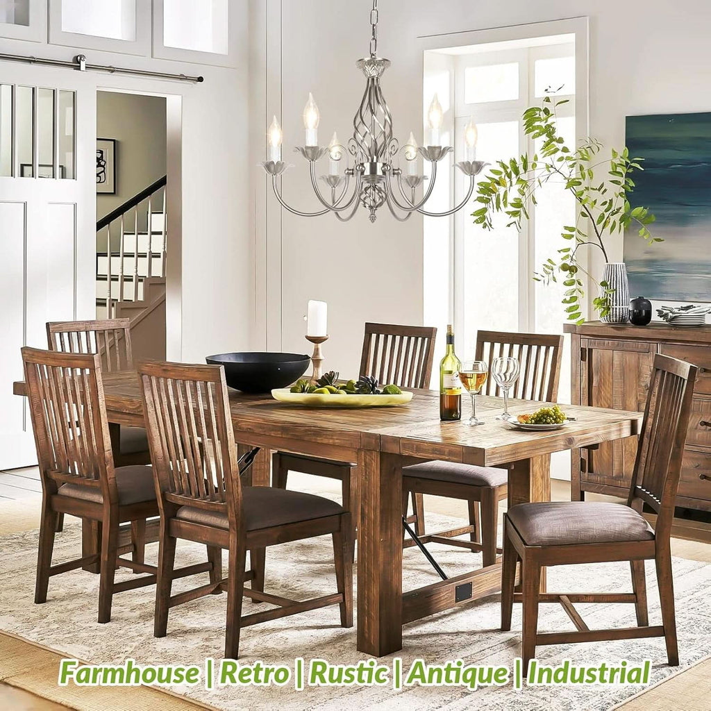 6-Light Rustic Farmhouse Candle Chandelier, Brushed Nickel