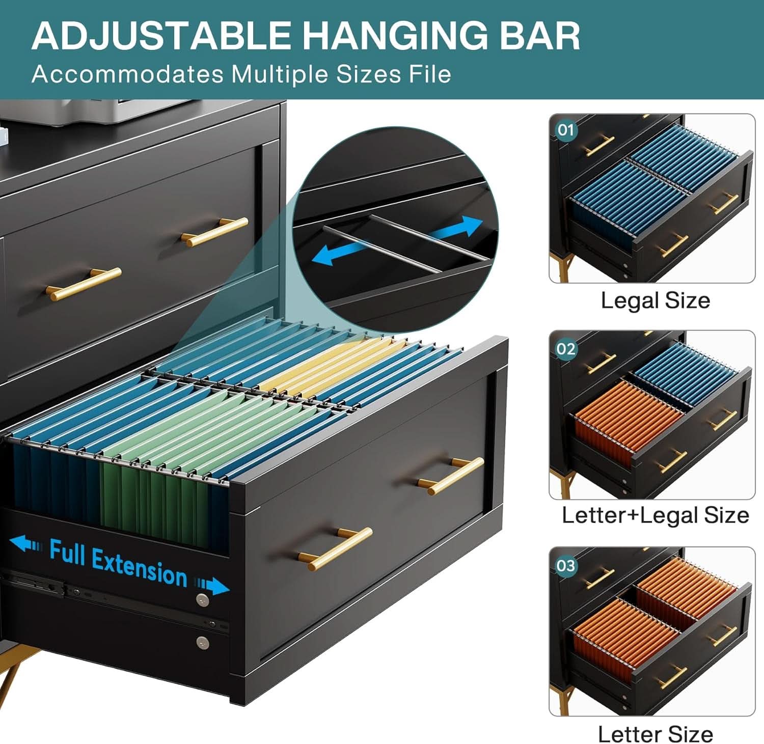 Black Gold 2 Drawer Lateral File Cabinet For Home Office