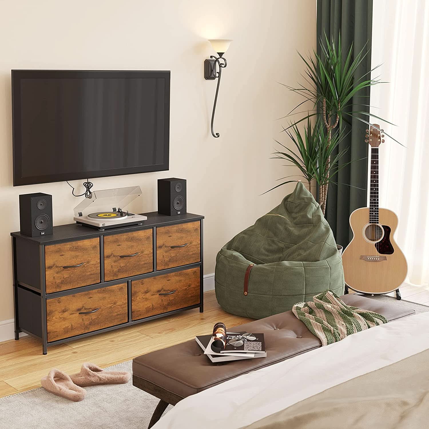 Rustic Wood 5 Drawer Dresser For Bedroom Storage Cabinet