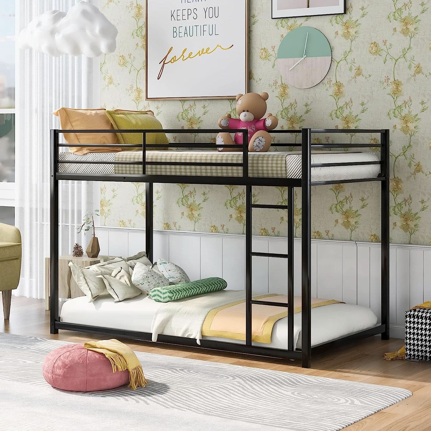 Black Twin Metal Bunk Bed With Guard Rails And Ladder