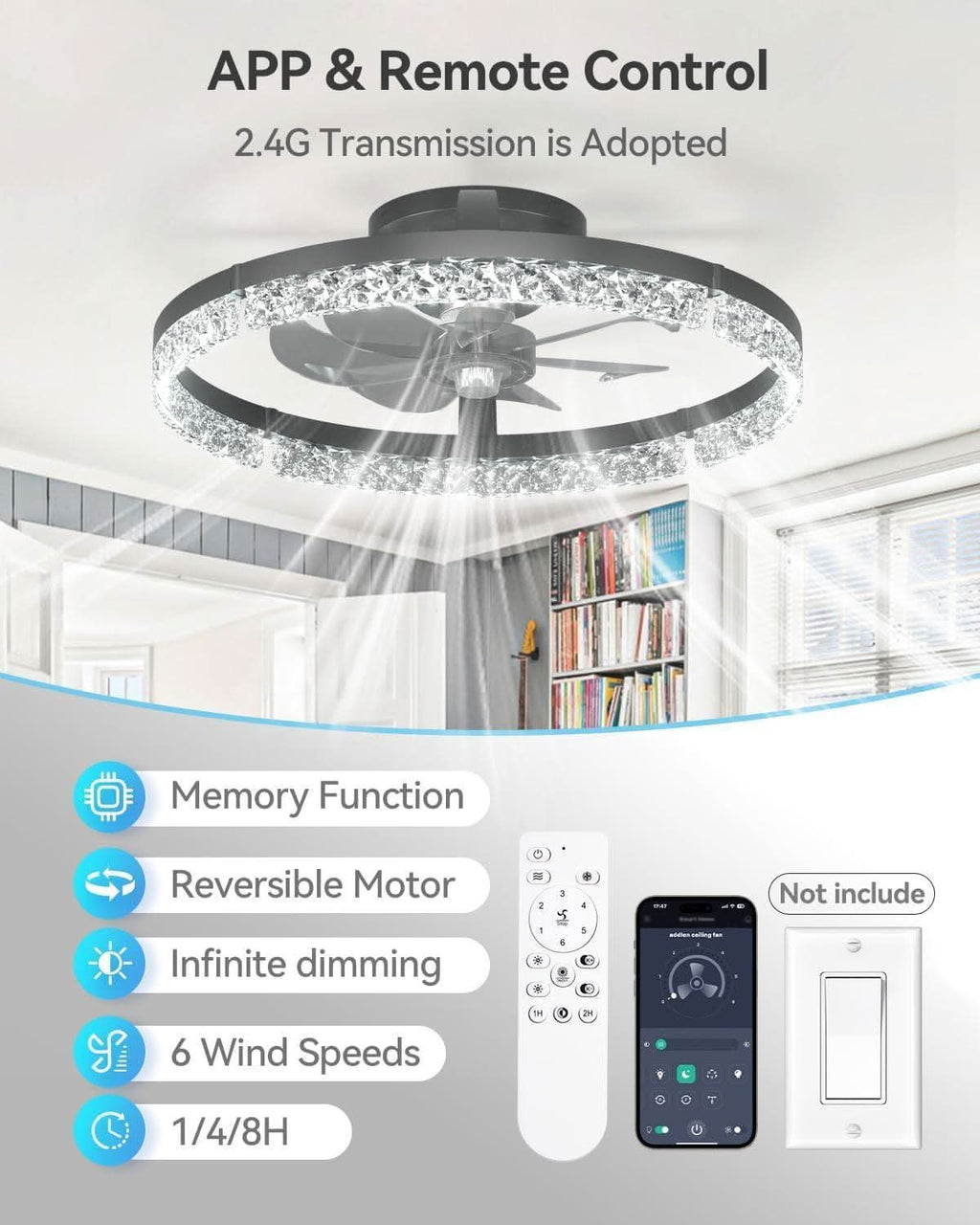 20 Inch Black Ceiling Fan With Remote Dimmable Light 3000K 6000K Low Profile Energy Efficient
