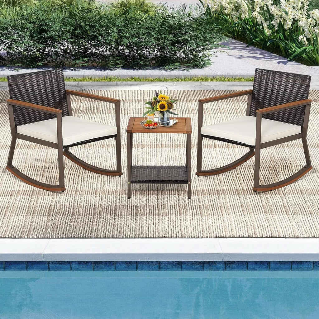 Three Piece Rocking Bistro Set With Cushions And Coffee Table For Outdoor Rattan Patio Off White