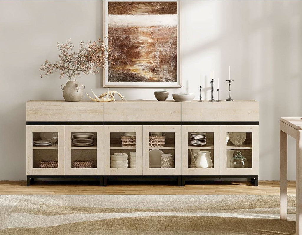 Light Oak Glass Doors Sideboard With Drawers For Dining