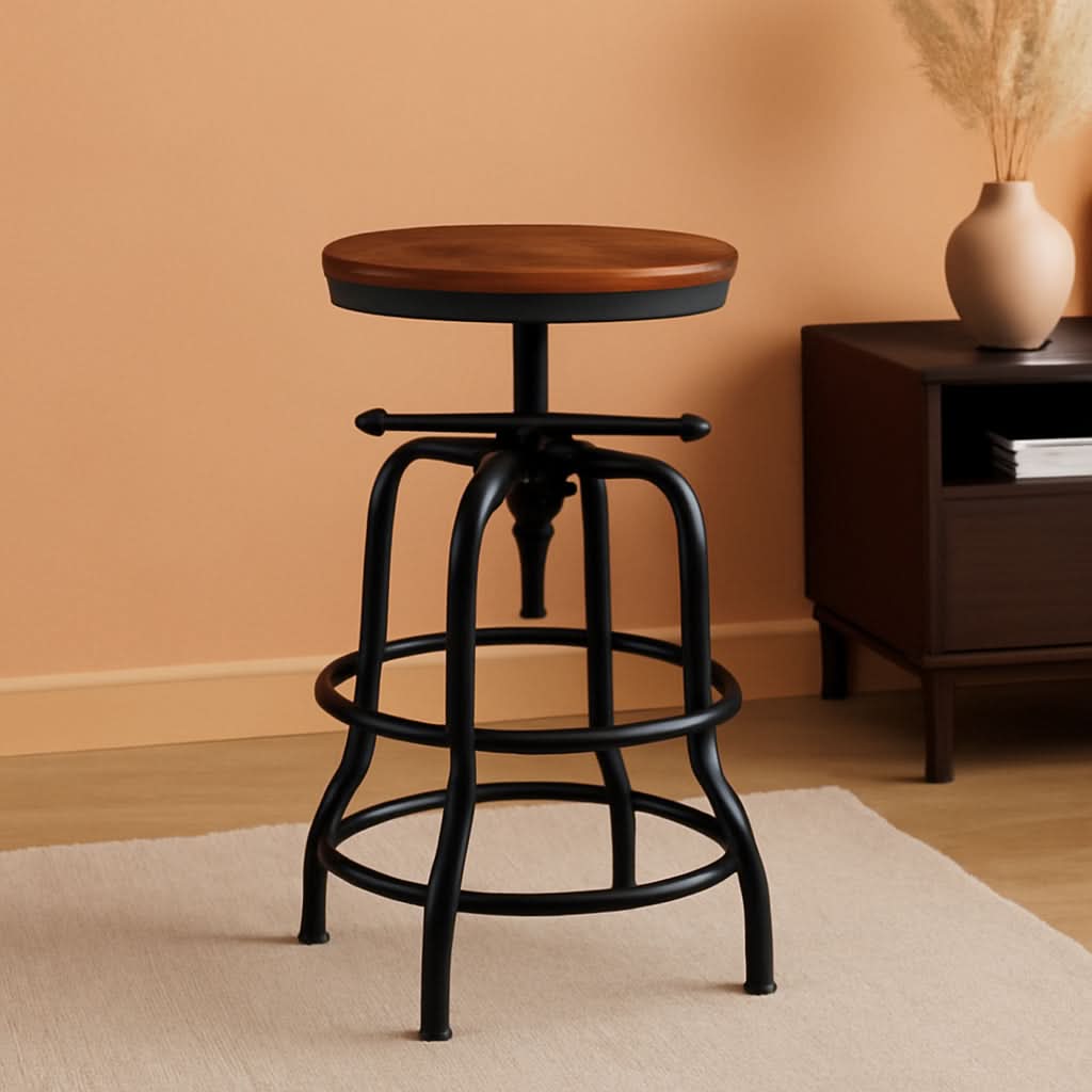 Adjustable Brown Bar Stool With Wood Seat Counter Height