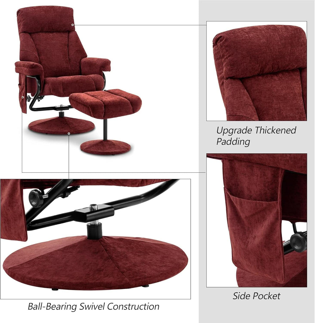 Burgundy Swivel Recliner With Ottoman Massage For RV