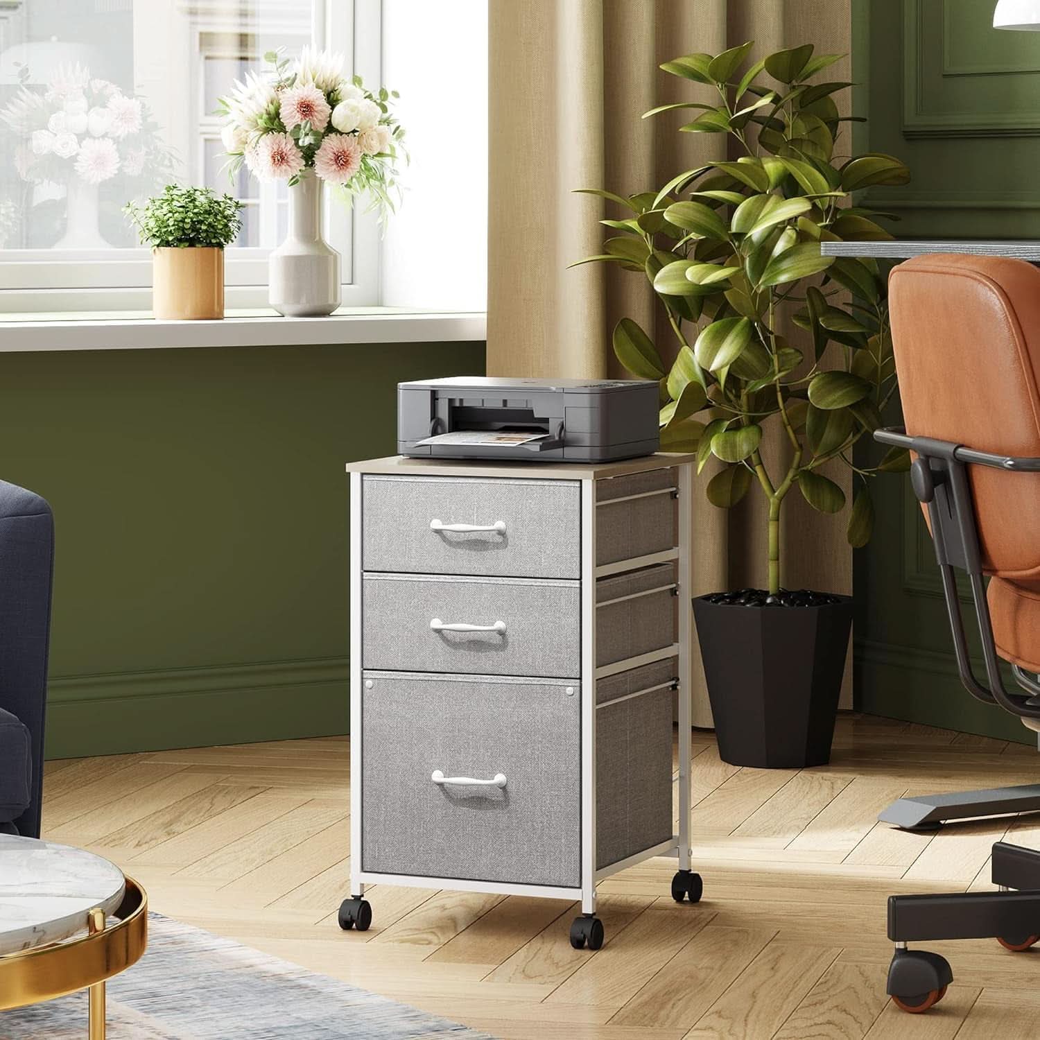 Mobile File Cabinet With 3 Drawers Rolling Printer Stand Light Grey