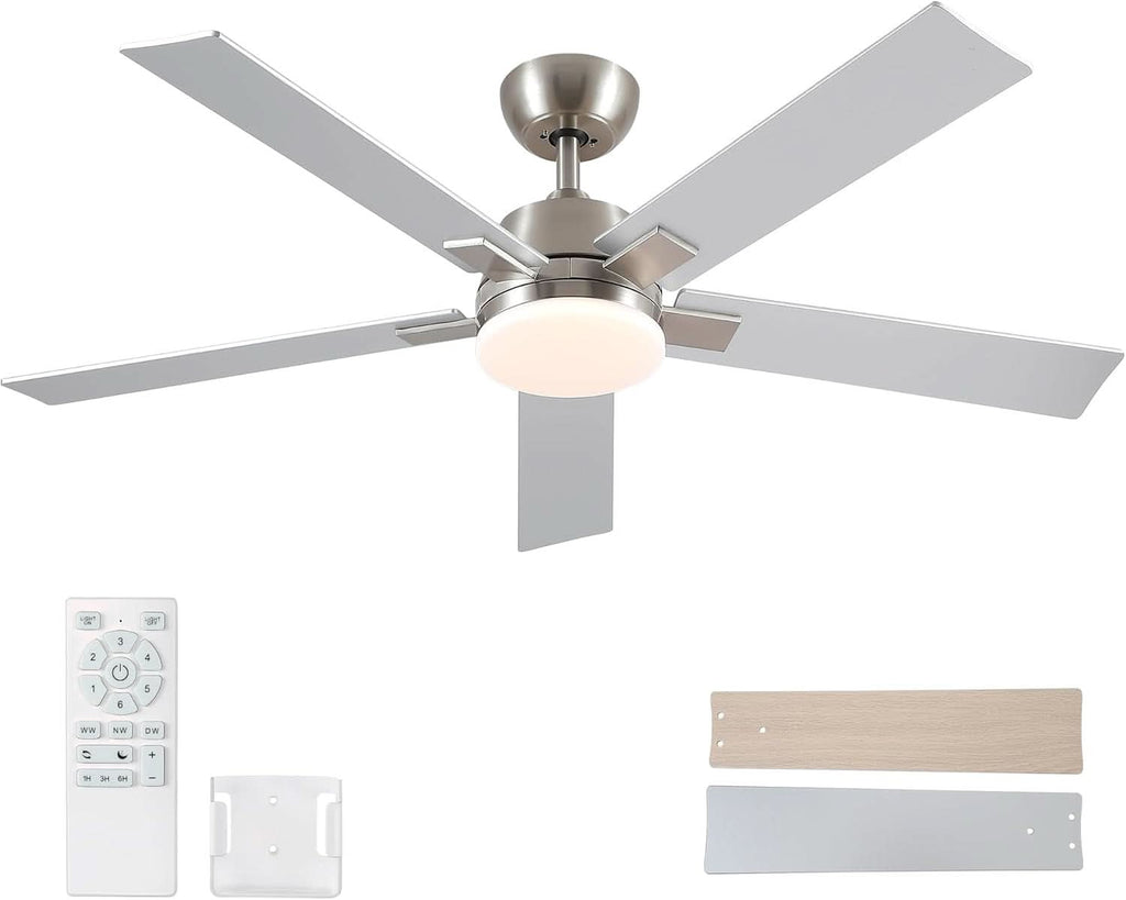 52 Inch Brushed Nickel Ceiling Fan With Remote And Dimmable LED Lighting
