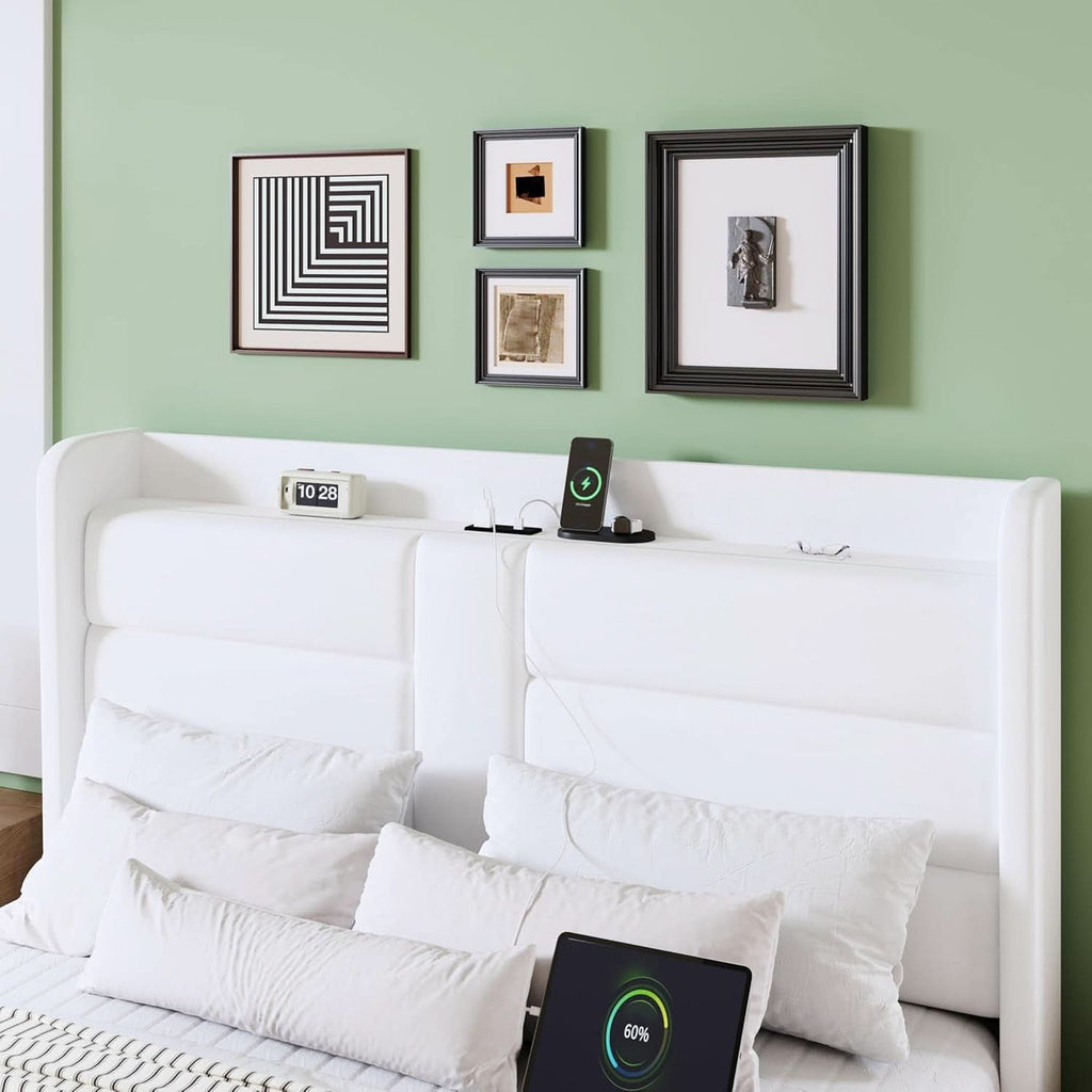 Full Size Platform Bed Frame With USB Charging Station And Storage Headboard