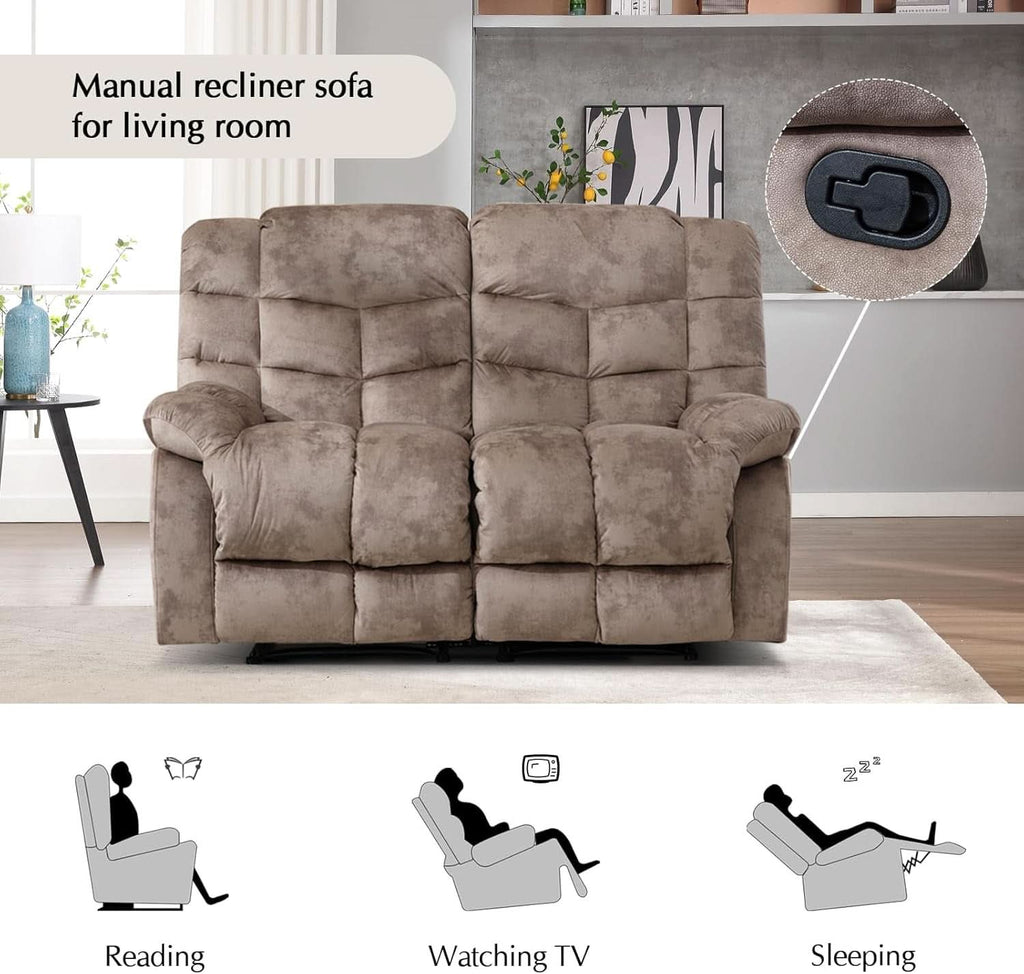 Manual Two Seat Loveseat Recliner Sofa Light Brown