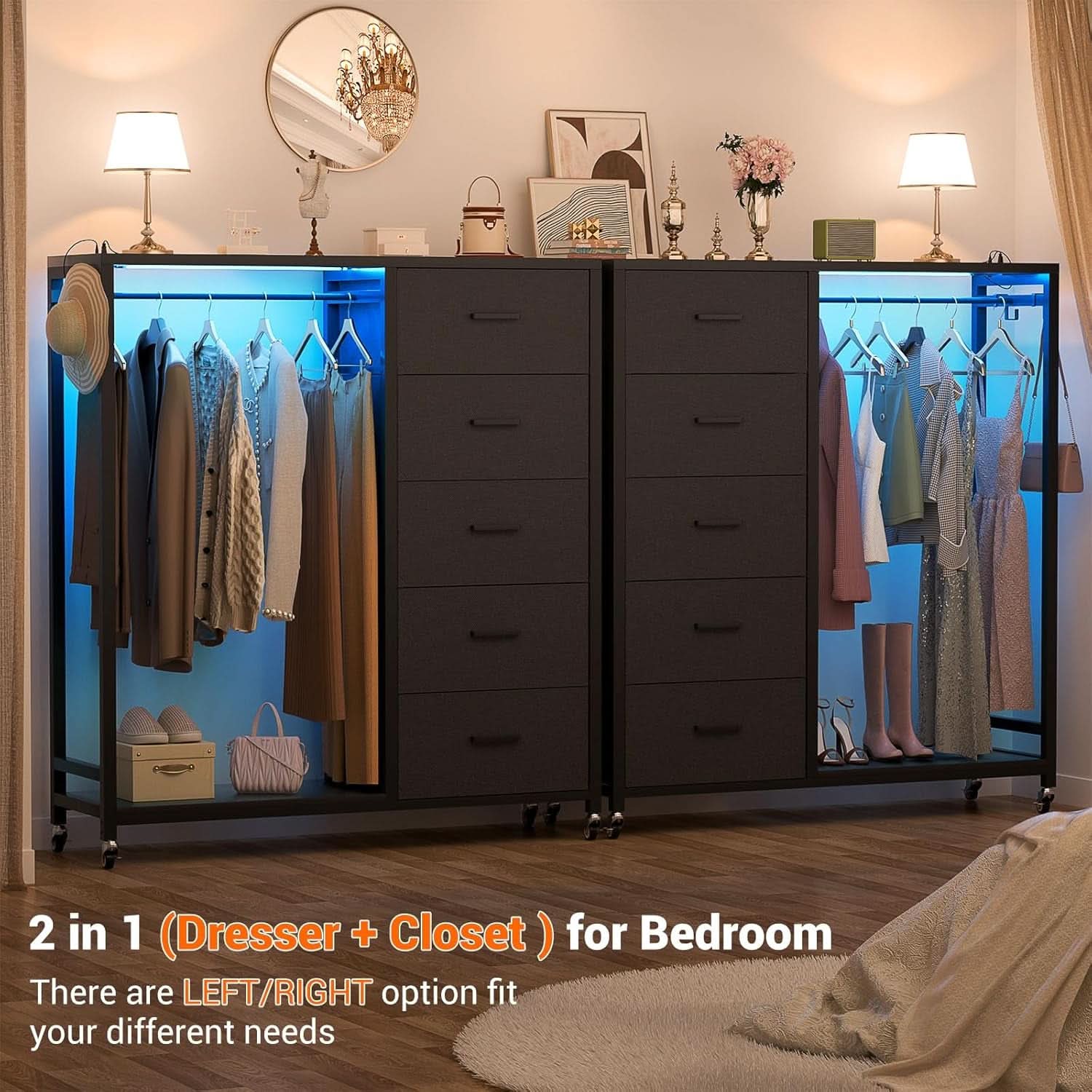 Black Dresser With Clothes Rack And 5 Drawers With Wheels