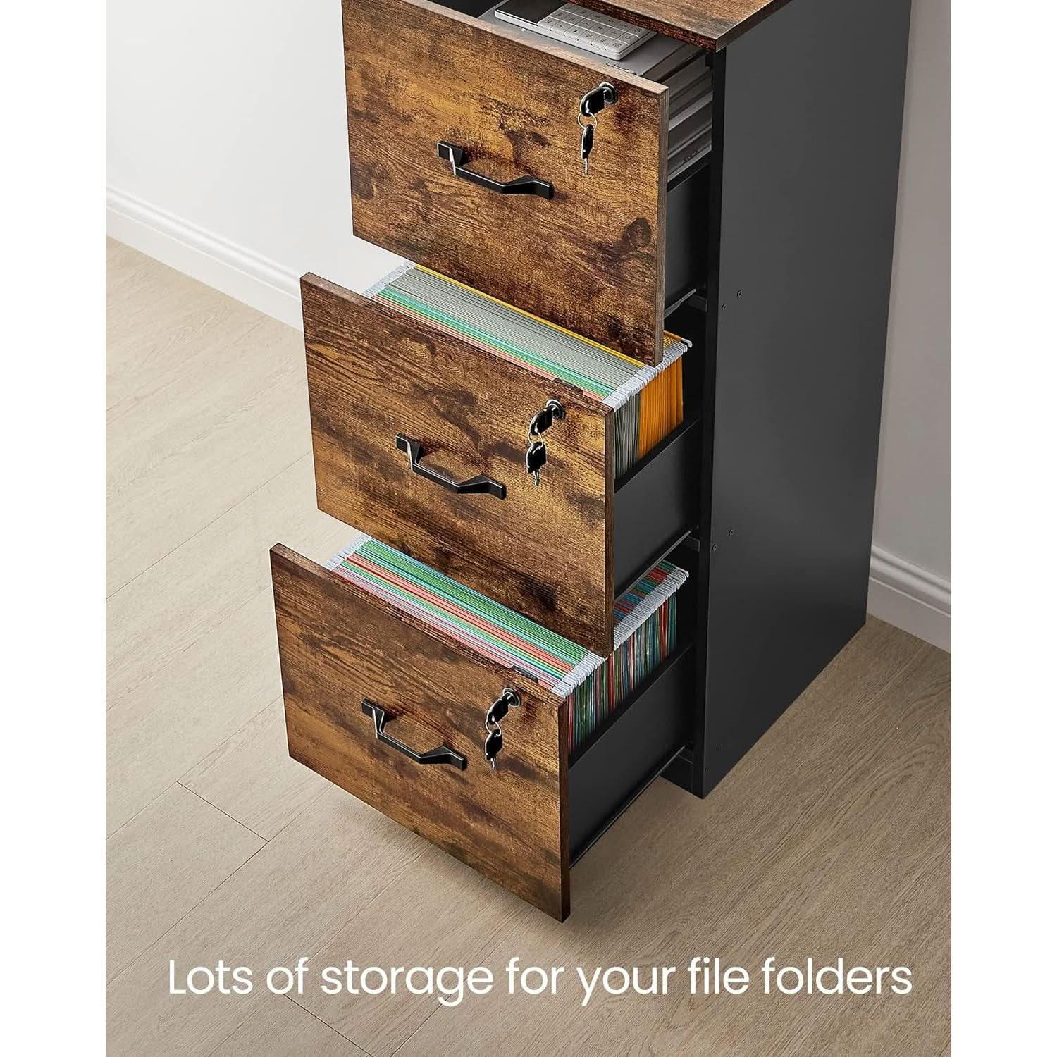 Brown Filing Cabinet With Lock And Printer Stand For Office