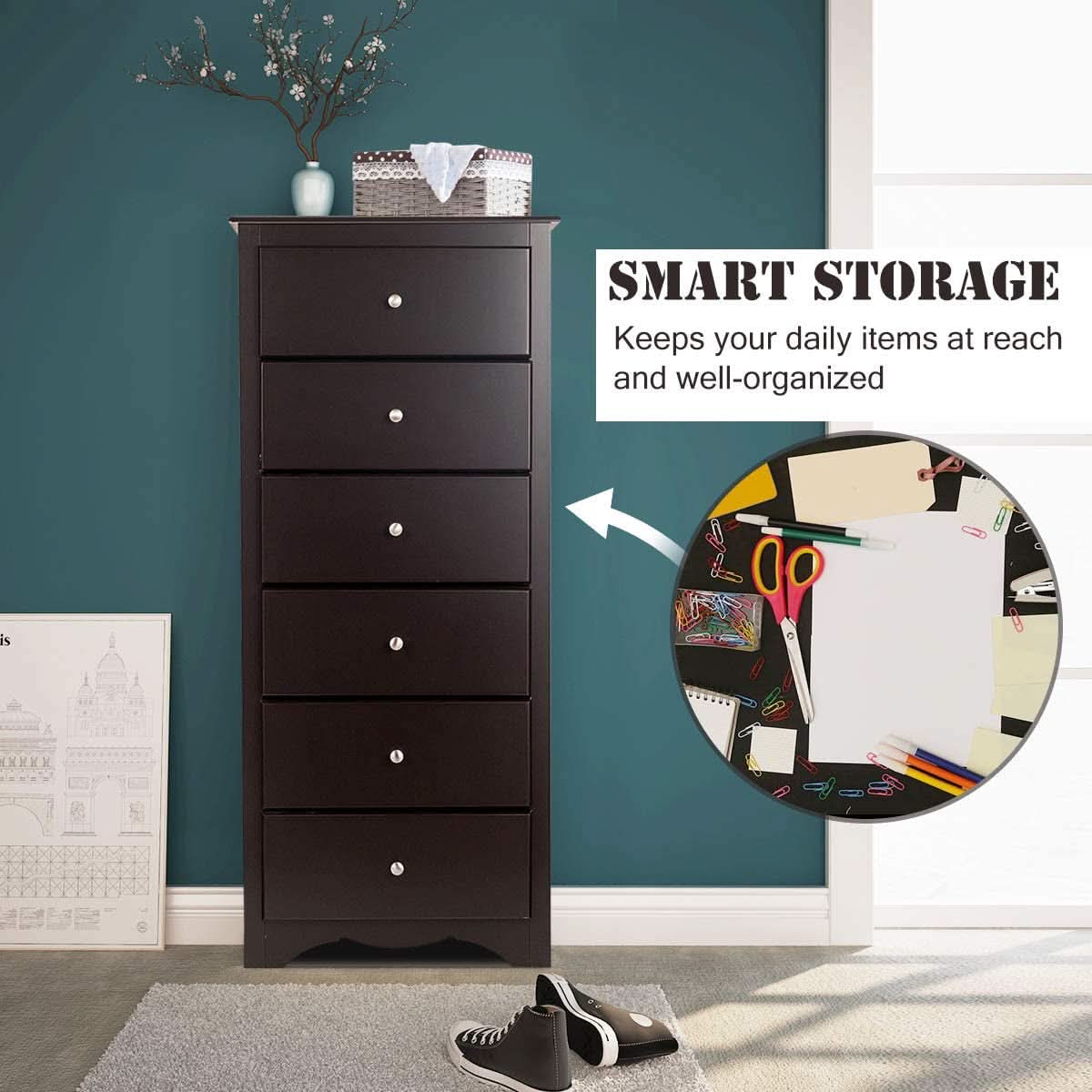 Brown Wood 6 Drawer Dresser For Bedroom Storage Unit
