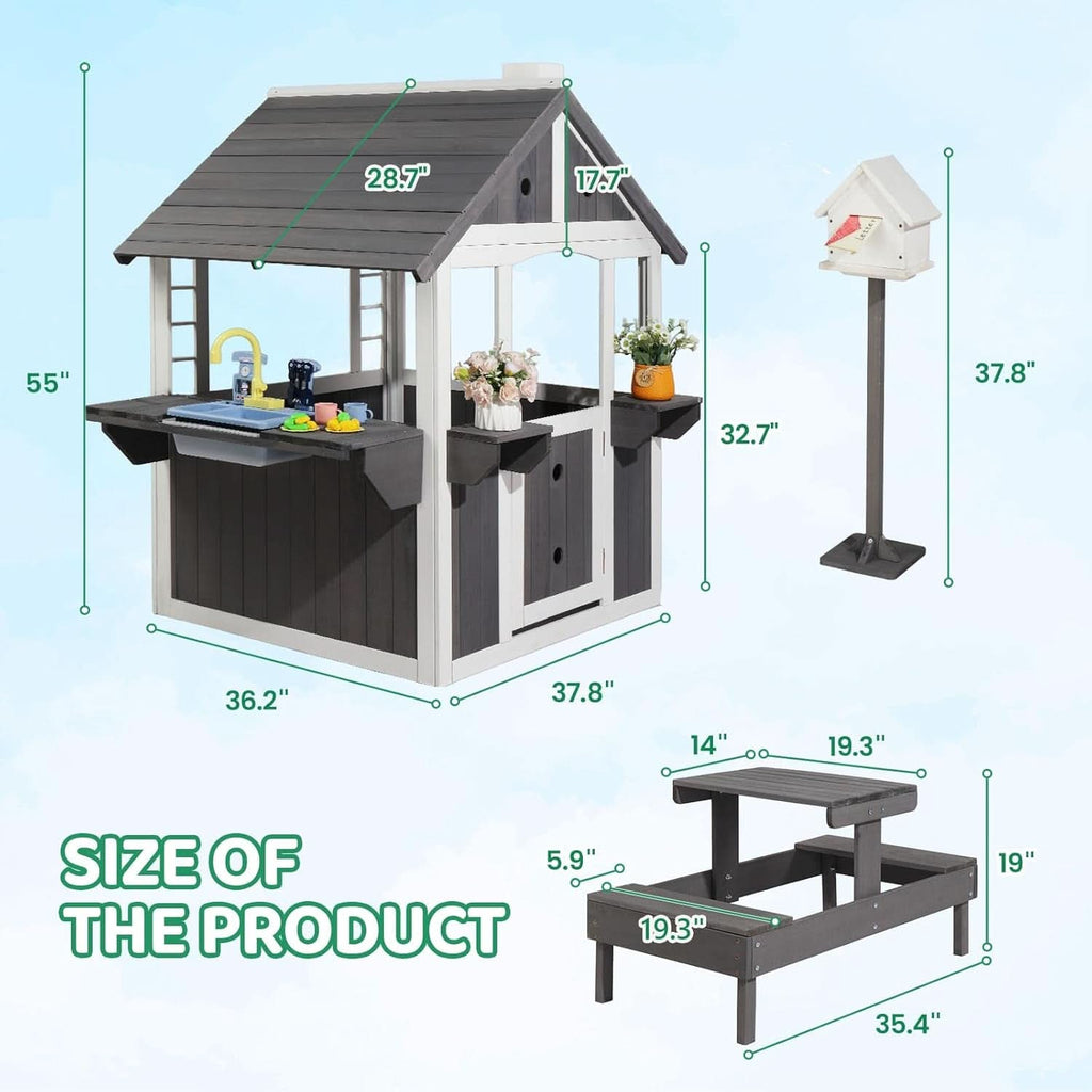 Wooden Outdoor Playhouse Gray White Integrated Sink